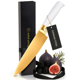 STYLED SETTINGS White and Gold Chef Knife – Stainless Steel Chef Knife with Gold Titanium Coating, Precision German Stainless Steel Blade – Luxury Kitchen Accessories - Ideal Cooking Gift