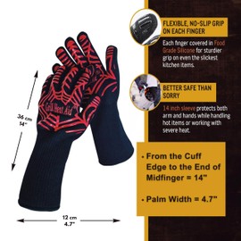 GRILL HEAT AID Premium BBQ Gloves - 1472°F Heat Resistant Gloves for Grilling, Longer Cuff Grill Gloves Heat Proof for Men, Oven Mitts for Baking, Pizza, Barbecue, Cast Iron, Fire Pit, Fireplace