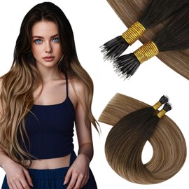 Vivien Nano Hair Extensions - Real Human Hair Brown Ombre to Blonde - Remy Cold Fusion Nano Ring/Beads - 50g/50s 20inch #2/6/18