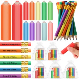 Dunzoom 20 Set 180 Pcs End of The Year Gifts for Students Bulk Motivational Rainbow Pencils Inspirational Erasers with Greeting Cards and Gift Bags Easter Basket Stuffers Bulk Classroom Reward