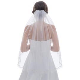 SAMKY 1T 1 Tier Offset Floral Vine Edge Crystal Pearl Veil - White Fingertip Length 36" V579