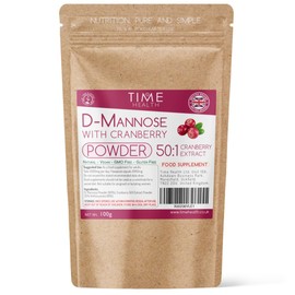 Time Health D Mannose & Cranberry Powder - Urinary Tract Cleanse & Bladder Care - Extra Strength 50:1 Cranberry Extract / 25% Anthocyanins - UK Made - GMP Standards - Vegan (100g Powder Pouch)