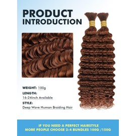 Human Braiding Hair for Boho Braids 100g 16 Inch Auburn Brown Curly Boho Hair for Braiding Knotless 12A Deep Wave Bulk Bohemian 2 Bundles/Pack Color 30