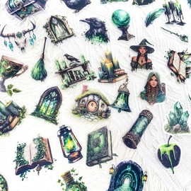 50PCS Forest Witch Stickers – Green Gothic Aesthetic Transparent Scrapbooking Stickers, Witchy Clear Decals for Journaling, Spell Books, Resin Crafts Projects, Tumbler, Laptop