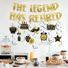 THE LEGEND HAS RETIRED Banner, 23 Pcs Black and Gold Retirement Party Decorations, Glitter Happy Retirement Decorations Party Supplies for Coworker Friends Family