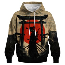 QTAGTESS Samurai Anime Hoodie for Men Manga Art Japanese Warrior Graphic Sweatshirts,Red Black,L