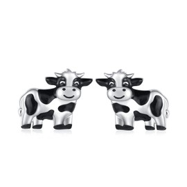 Sterling Silver Cow Earrings for Girls: Dairy Cattle Enamel Black and White Milk Cow Stud Earrings Farm Animal Jewelry Gifts for Women Cowgirls, Sterling Silver, not known