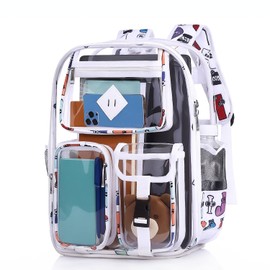 FINEJUSTOK Clear Backpack-Heavy Duty PVC clear backpack for Stadium/Travel/Work,Dual Zippered Compartments&Mesh Side Pockets (white)