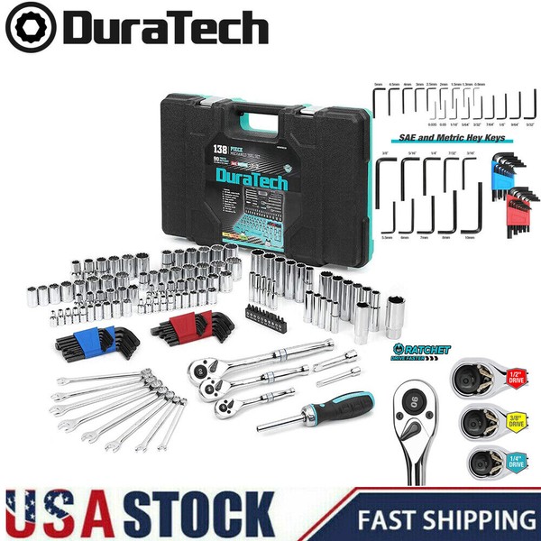 DURATECH 138-PC Mechanics Tool Set SAE/Metric w/ 90 Tooth Quick-Release Ratchet