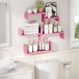 SRIWATANA Floating Shelves, Wall Shelves for Bathroom, Bedroom, Living Room, Kitchen, Office, Wood Shelves for Wall Decor Set of 5 (Pink)