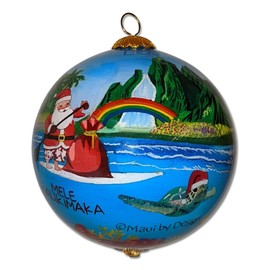 Surfer Santa Collectible Hawaiian Ornament Hand-Painted Glass with Gift Box