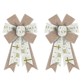ALIBBON 2 Pcs He is Risen Bows for Wreaths, Religeous Cross Wreath Bows, Natural Burlap Bows for Crafts, Easter Christmas Decor, Religeous Bows for Wreath Indoor Outdoor Wall Window Decorations