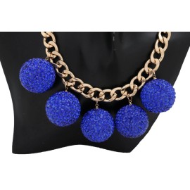 Women Beach Pool Party Fashion Gold Metal Chain Necklace Blue Disco Ball Charms