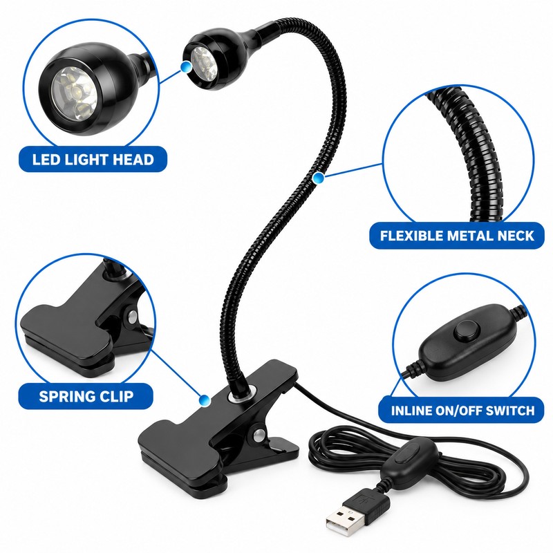 Flexible USB LED Clip-On Reading Light with 360° Gooseneck and