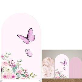Spring Butterfly Flowers Arch Backdrop Stand Stretchy Fabric Covers for Girls Pink Parties Arched Wall Cover Birthday Party Favors Baby Shower Decorations Photography Background(3x5ft)