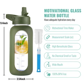 CIVAGO 32 oz Glass Water Bottle with Straw and Handle, Large Sports Motivational Water Bottle Flask with Time Marker, Leakproof Water Jug Canteen with Silicone Sleeve for Gym,Army Green