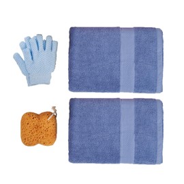 Bath 5-Piece Set, 5-Piece Set of African mesh Sponge exfoliating Gloves, 1 Bath Sponge, 1 Pair of exfoliating Gloves, and 2 Adult Bath Towels (Purple Gloves and Blue Towel)