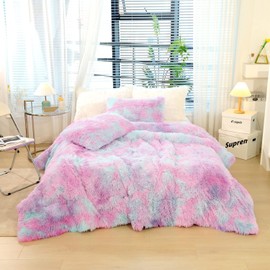 SUCSES Purple Tie Dye Faux Fur Duvet Cover Set Twin Size Colorful Rainbow Plush Shaggy Bedding Set Ultra Soft Fluffy Velvet Comforter Cover for Teens Girls (Purple Ombre, Twin)