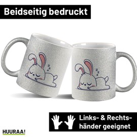 Huuraa Glitzer Tasse Hase Comic Geschenk 330ml Silber Hase Präsent