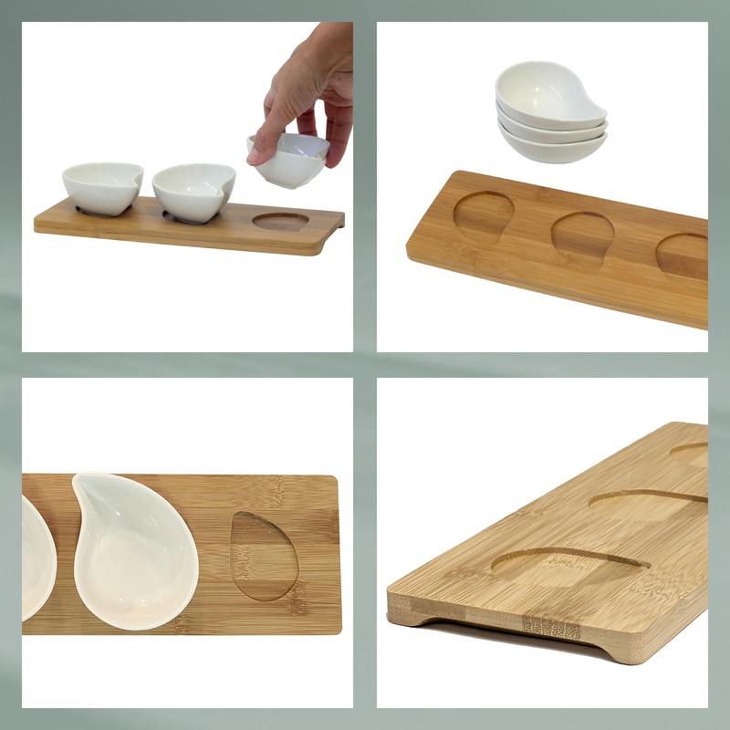 Kela 12260 Schalen-Set mit Bambusbrett, 4tlg., Tropfen, Porzellan, 26 x