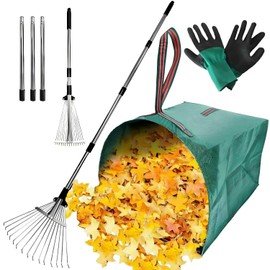 RISETEX 68-Inch Leaf Rake for Lawns with 53 Gallon Dustpan-Type Leaf Bags,Heavy Duty Metal Garden Yard Rake with Expandable Head 7-14" for Gardening Outdoor Camping Shrub Grass Bush Weed