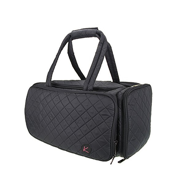 KIOTA Quilted Tote Beauty Duffel Bag with 4 Side Compartments Ideal for Cosmetic Bottles Brushes Accessories (Black)