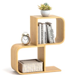 Giantex S-Shaped Bookcase, 2-Tier Bamboo Bookshelf with 2 Open Cubes, Geometric Corner Display Shelf, Decorative Storage Organizer, Floor Storage Rack for Living Room, Study, Home Office, Natural