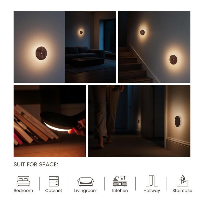 Motion Sensor Night Light Wood Rechargeable Battery-Powered Stick-On Step Lights