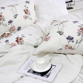 Lemfux White Floral Duvet Cover, Duvet Cover Set, 3 Piece, French Country Duvet Cover, Garden Style Cotton Soft & Breathable with Zipper Closure & Corner Ties, Twin
