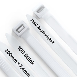 Highwings Cable Ties, White, Pack of 100, 200 mm x 7.6 mm, 75 kg Tensile Strength Nylon Cable Ties, UV Resistant Holder, Strong Self-Locking Cable Ties for Family, Workshop, Garden, Cable Management