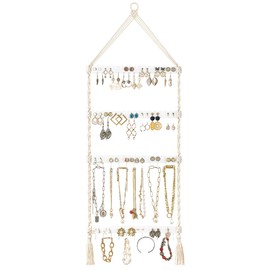 Mkono Hanging Jewelry Organizer Macrame Necklace Holder Wall Mounted Jewelry Hanger Earring Holder Organizer Boho Decor Over Door Jewelry Display Necklace Rack for Necklaces Bracelets Earrings