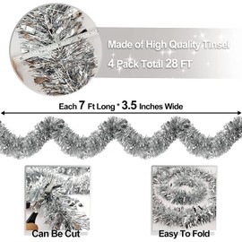 ZKTYQUIHE 4 Pack Total 28 Ft Tinsel Garlands Christmas Tree Decorations, Thick Thin Metallic Streamers Xmas Garland Holiday Christmas Decorations Home Indoor Outdoor Party Supplies,Silver