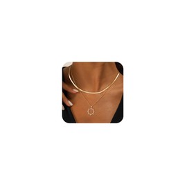 MFRYK Gold Necklaces Stack For Women,14K Gold Plated Simple Layered Choker Necklaces For Women,Stackable Multilayer Gold CZ Sun Circle Pendant Herringbone Snake Chain Layering Necklaces Set For Women Jewelry Gift for Women
