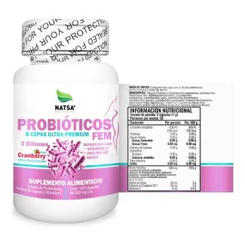 Probióticos Fem 100 Cápsulas, Probióticos Para Mujer con 8 Cepas Ultra Premium, 5 Billones, Reforzado con Cranberry, Inulina de Agave y Vitamina C, Ca
