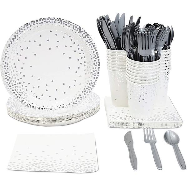 Juvale Silver Foil Party Supplies (Serves 24) Plates, Napkins, Cups, Cutlery - Polka Dots