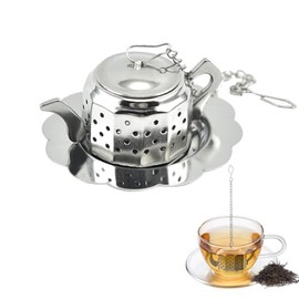 HASTHIP® Infusionador de Te con Forma de Tetera en Acero Inoxidable con Bandeja Antigoteo, Bola de Malla Filtro para Te con Cadena, Colador Reutilizab