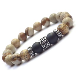 Braunes Armband aus Edelstahl mit ineinander verschlungenen Motiven und Jaspis und Achatperlen