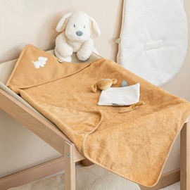 Nattou Kapuzenbadetuch mit Waschlappen, Hund Charlie, Ideal zum Abtrocknen, Ca. 75 x 75 cm, Vegan, Baumwolle/Polyester, Beige