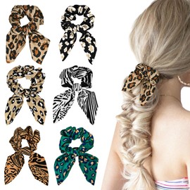 Yonchic 6-Piece Fashion Rabbit Ear Bow Hair Scrunchies for Women & Girls, Cute Satin Scarf Ponytail Holder Hair Ties, Elastic Hair Accessories for Women's Thin & Thick Hair (Leopard & Zebra)