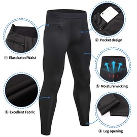 WRAGCFM Compression Pants Mens Leggings,Mens Active Compression Leggings with Pockets Quick Dry Workout Athletic Gym Leggings Sports Tights (Black+Black,XL