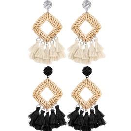 meekoo 2 Pairs Rattan Tassel Earrings for Women Bohemian Woven Earrings Summer Beach Jewelry Gifts(Black and White)