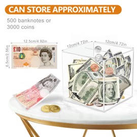 Viitech Clear Piggy Bank, 12 x 12x 12cm Must Break to Open Acrylic Piggy Bank, Square Transparent Acrylic Money Saving Box for Budget and Save, Coin and Cash