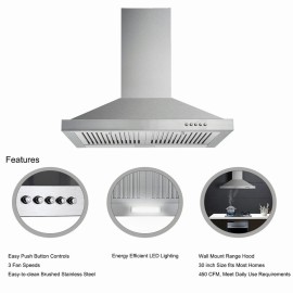 Tieasy 450CFM Wall Mounted 30inch Range Hood Vents Silver Kitchen Fan Stainless Steel