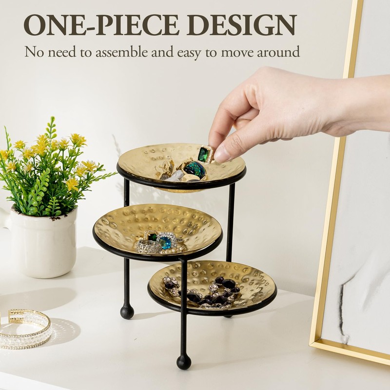 MyGift 3 Tier Jewelry Dish Organizer - Hammered Brass Plated