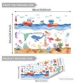 OUFEI Wall Decals Kids Room Peel and Stick Cartoon Underwater Animals Sea Ships Wall Stickers for Baby Kids Nursery Girls Bedroom Living Room Wall Decoration