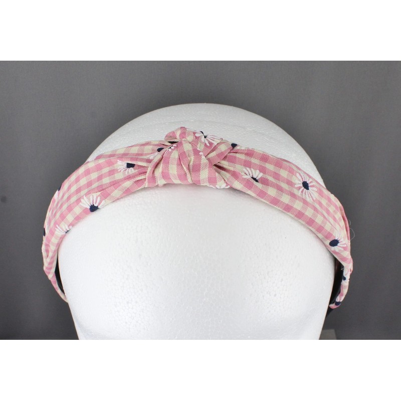 Pink Cream gingham turban knot headband plaid fabric covered band