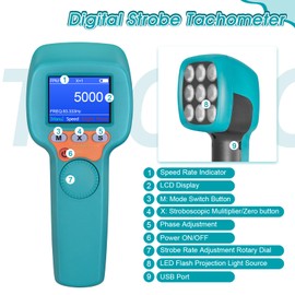 Digital Handheld Stroboscope 60-99999 FPM, LED Stroboscope YF-DT100B, 1500 Lux Strobe Tachometer with Full-Color LCD Display, Stroboscopic Speedometer with 2200mAh Battery