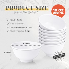 Tioncy 20 Pack 10 oz White Dessert Bowls Set Round Melamine Bowls for Pasta Cereal Rice Soup Snack Candy Ice Cream Pudding Fruit Salad, Dishwasher Safe
