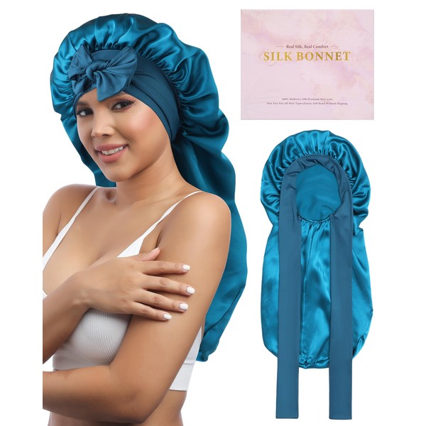 AWAYTR Long Silk Bonnet for Sleeping - 100% Mulberry Silk