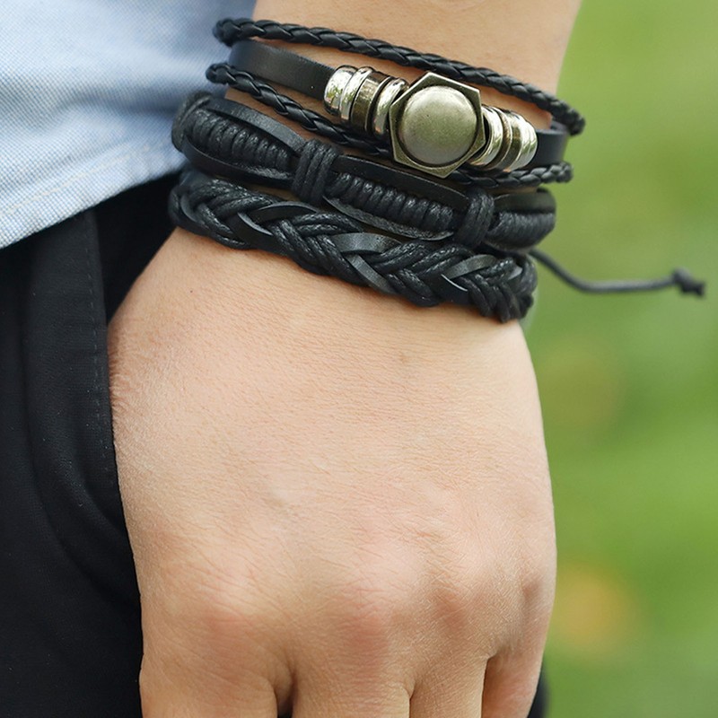 12PCS Braided Faux Leather Bracelet Set Multilayer Vintage Rock Style